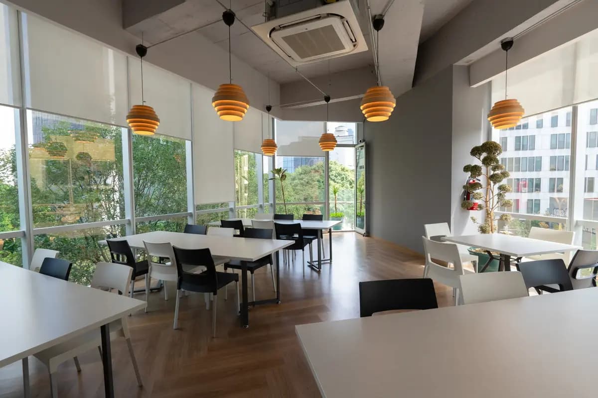 Comedor luminoso con mesas y sillas junto a los ventanales en Flexo Del Valle